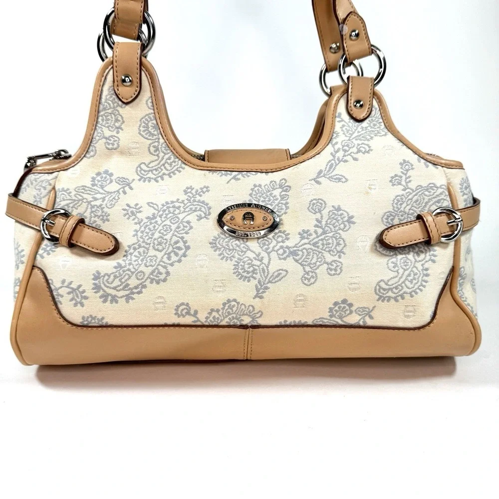 Etienne Aigner Paisley Canvas Leather Shoulder Bag Satchel‎ Tan Cream